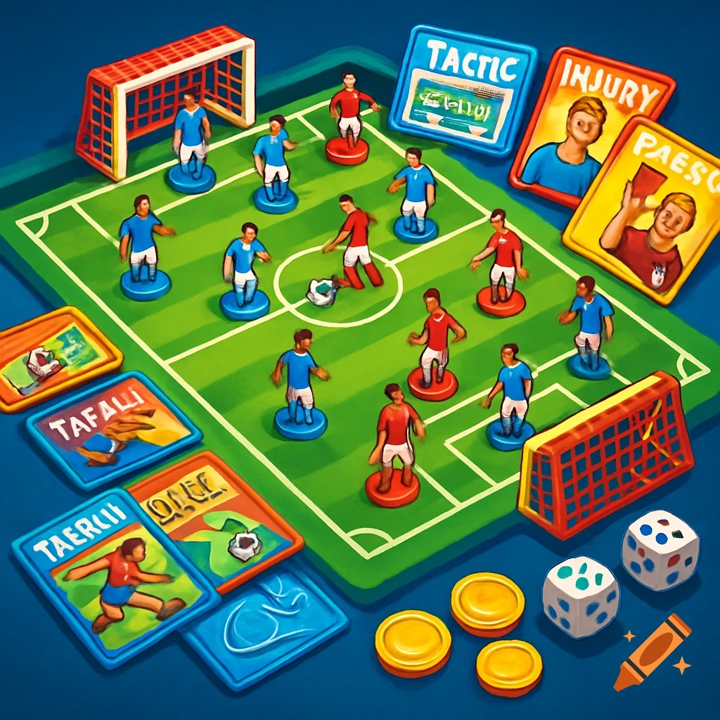 An isometric illustration of a soccer board game with player pawns, goals, dice, coins, and game cards with text, on a green field with blue background.