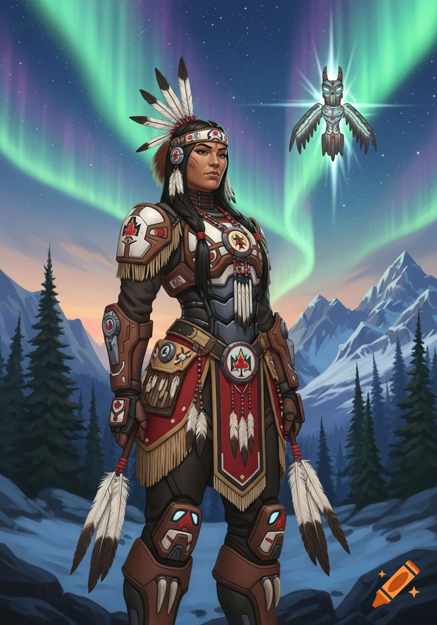A heroic woman in indigenous-inspired armor with a feather headdress stands under the aurora borealis, a glowing totem-like bird above her.