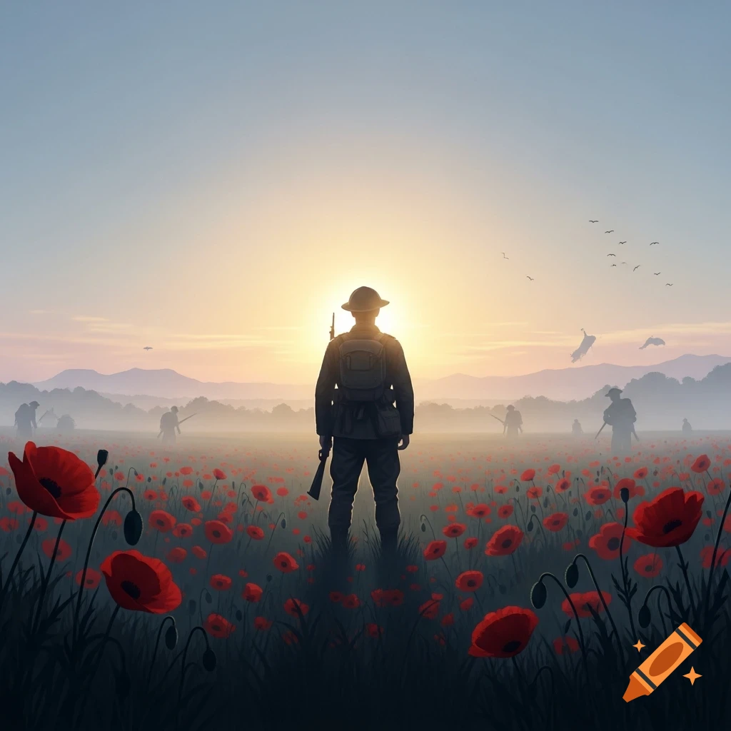 A soldier stands among red poppies in a misty field at sunrise, with silhouettes of other soldiers in the background.