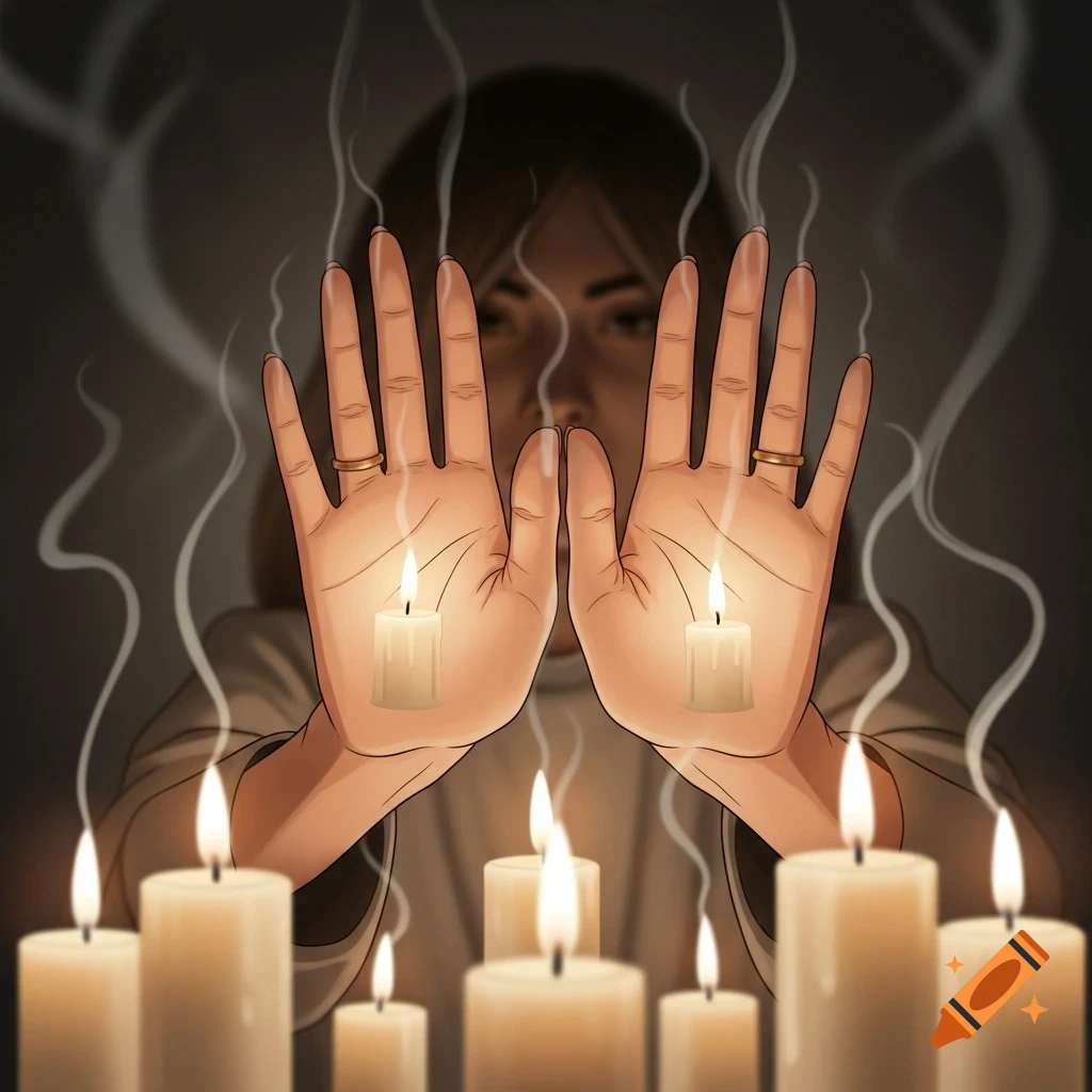 Illustration of a woman's hands outstretched, each holding a lit candle, with more candles and smoke in the foreground.