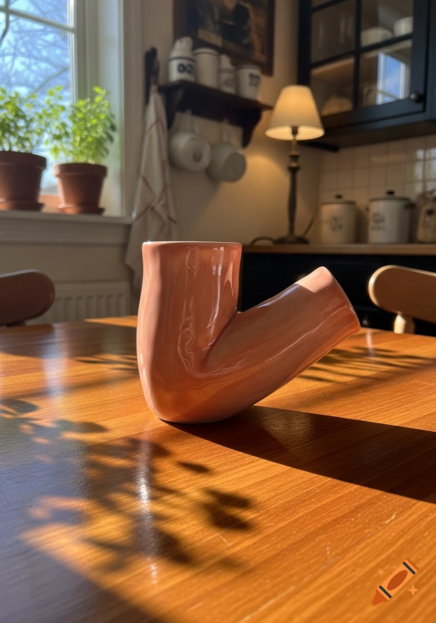 A unique pink, elbow-shaped ceramic cup sits on a sunlit wooden table in a kitchen.