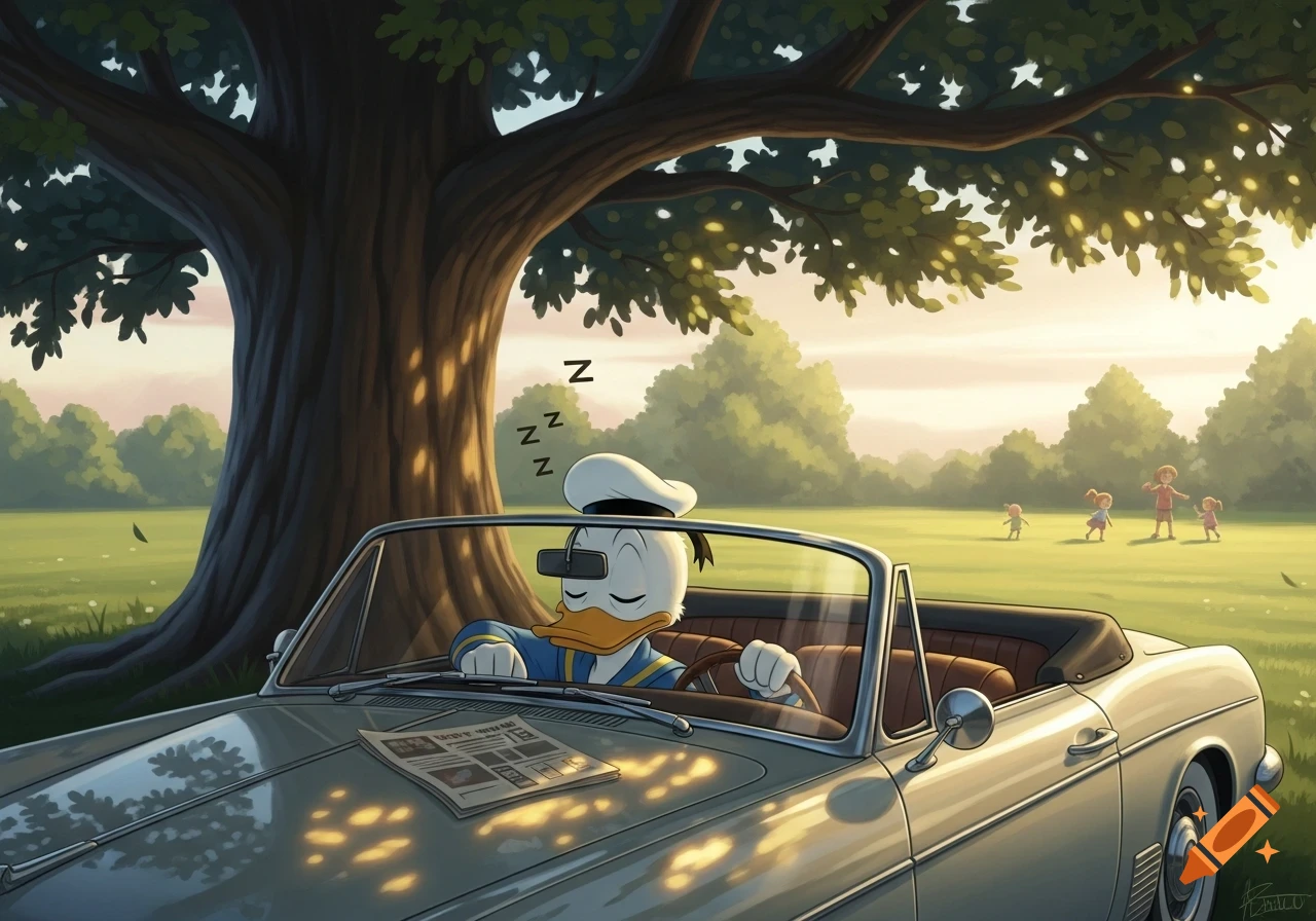 Donald Duck naps in a light blue classic convertible car under a large tree in a sunny park, with children playing in the background, in a cartoon style.