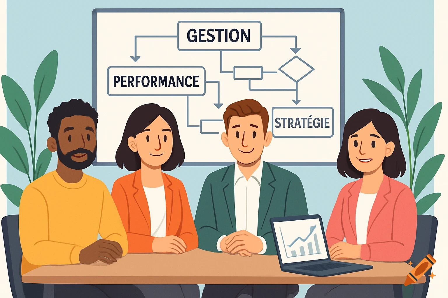 Four smiling professionals (2 men, 2 women) sit at a meeting table with a whiteboard showing 'Gestion', 'Performance', 'Stratégie', and a laptop displaying a graph, in a clean cartoon style.