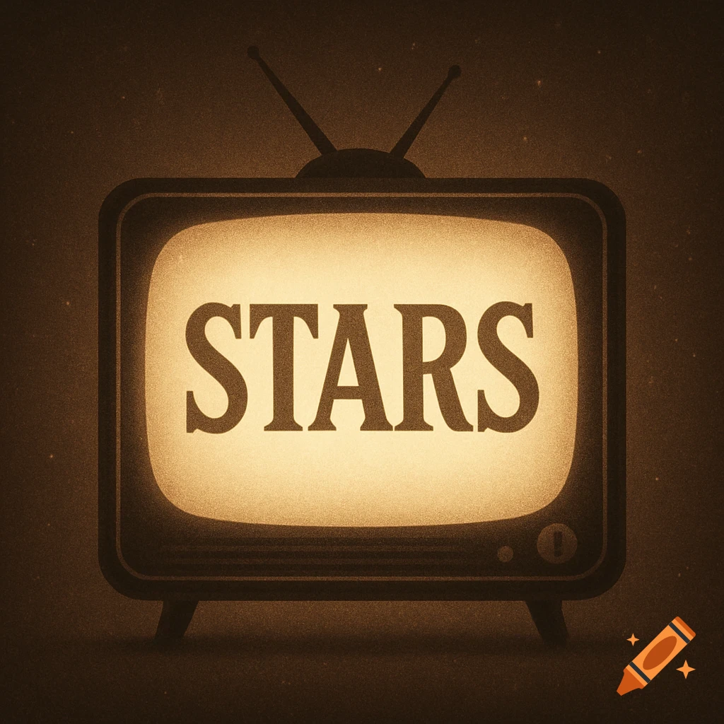 A retro-style image of an old television displaying the word 'STARS' on its glowing screen, with a grainy, sepia-toned filter.