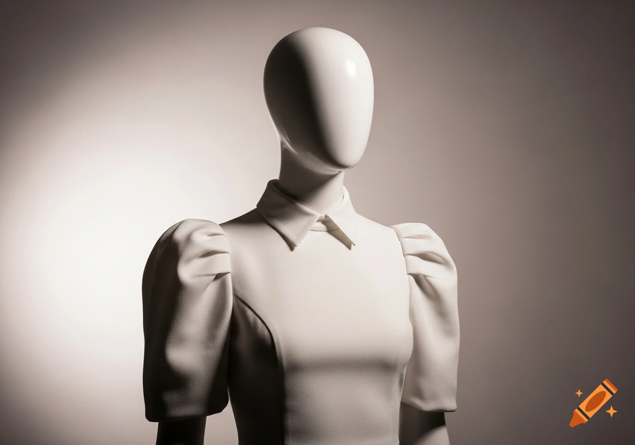 A photorealistic image of a white, faceless mannequin wearing a white shirt with puff sleeves and a flat collar.