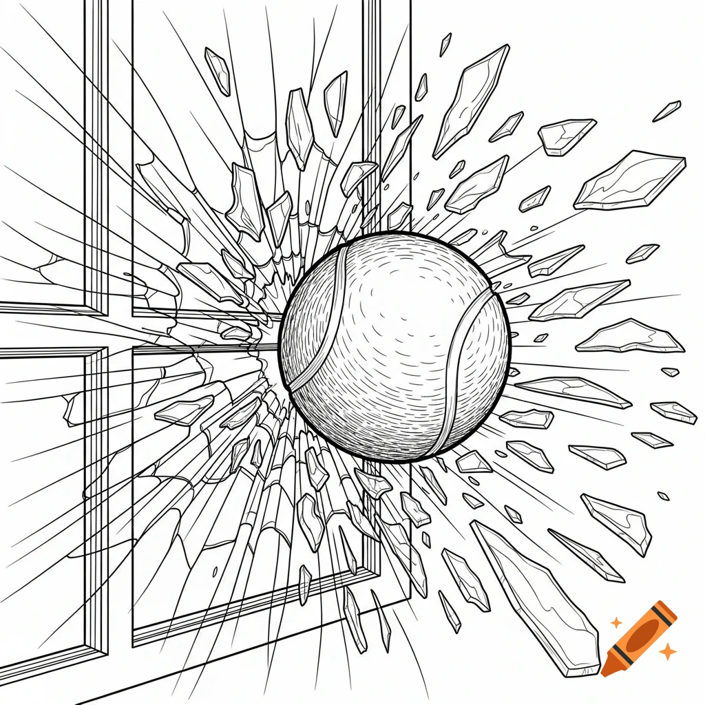 Line art drawing of a tennis ball breaking through a window, with glass shards flying outwards in black and white.