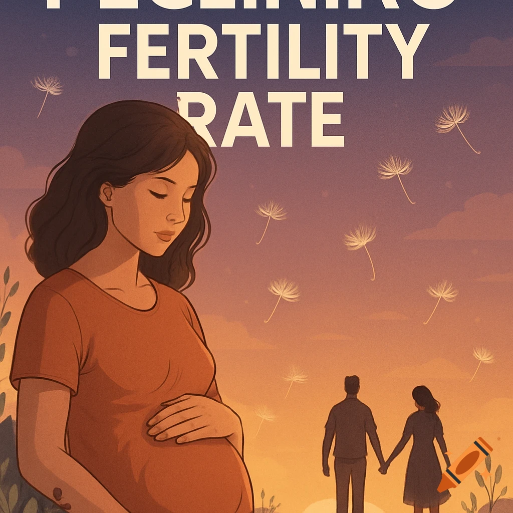 Illustrated poster with a pregnant woman, a couple holding hands, and text 'FERTILITY RATE' against a sunset sky with dandelion seeds.