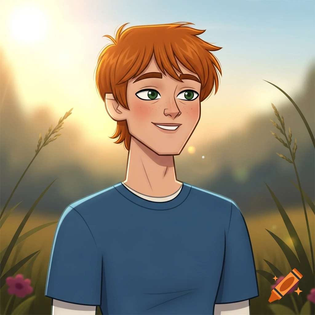 Cartoon portrait of a smiling ginger-haired boy with green eyes in a sunny field.
