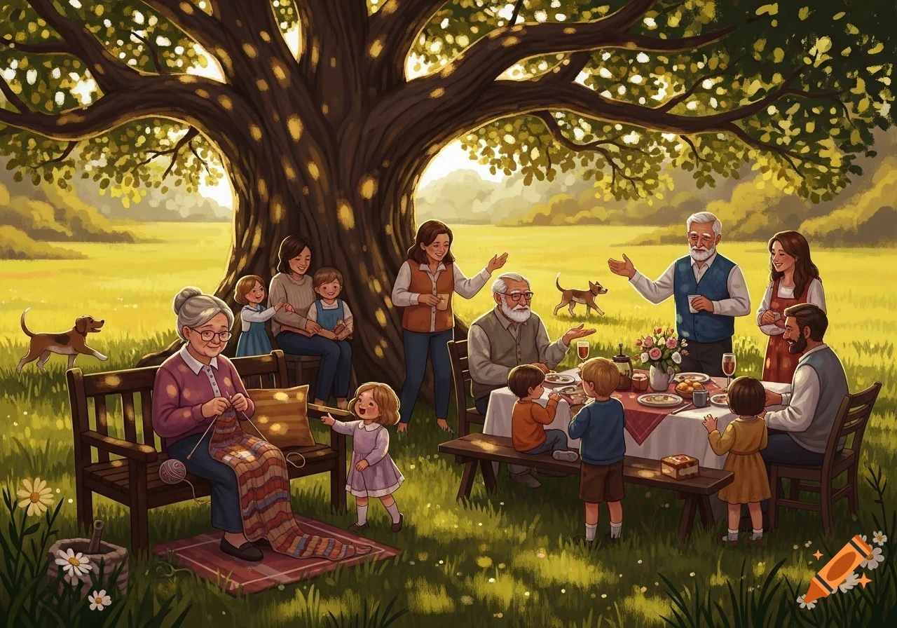 An illustration of a large multi-generational family having a picnic under a grand tree in a sunny field.