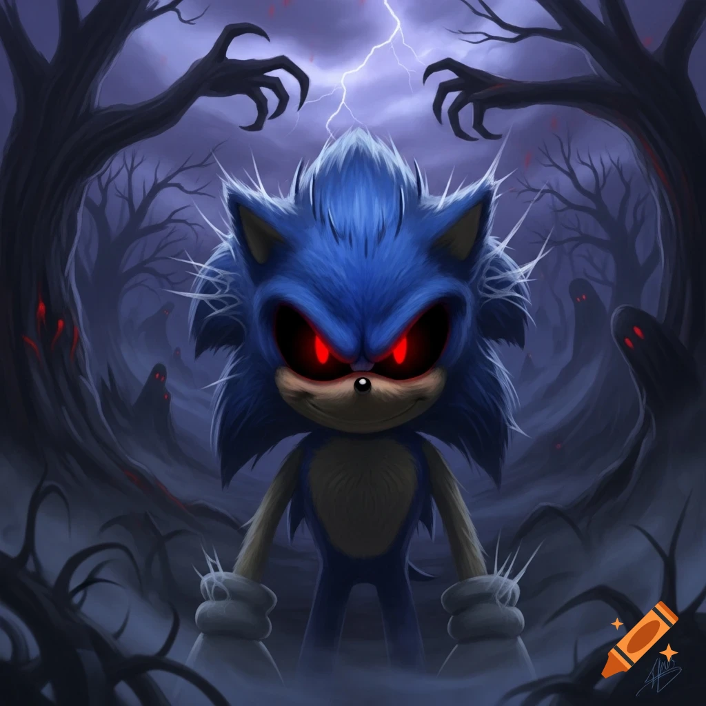 A scary, blue, spiked Sonic with glowing red eyes and a menacing grin stands in a dark, stormy forest with gnarled trees and ghostly figures.