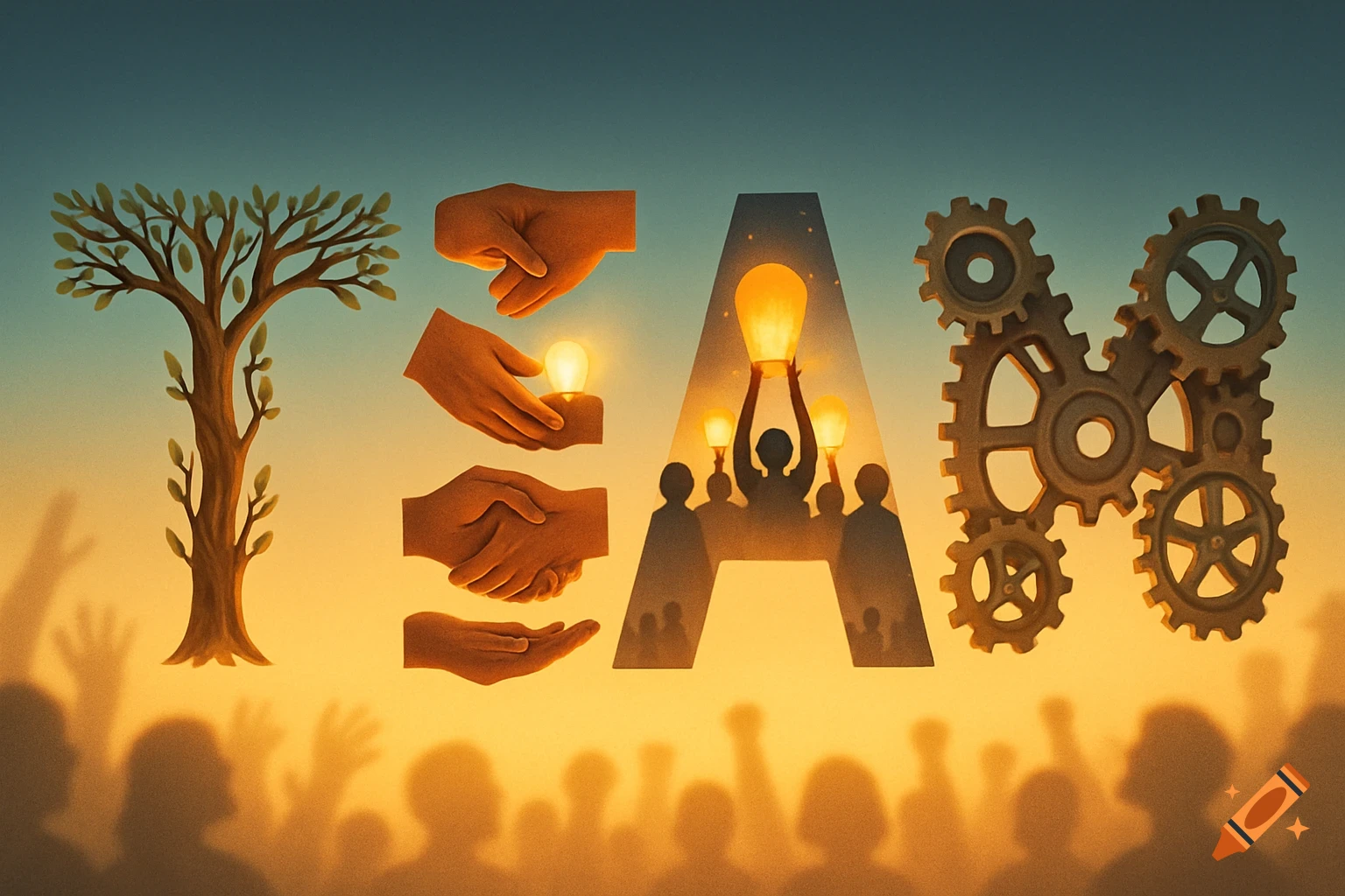 Conceptual artwork spells out 'TEAM' with a tree, hands, silhouetted figures, and interlocking gears against a gradient sunset sky.