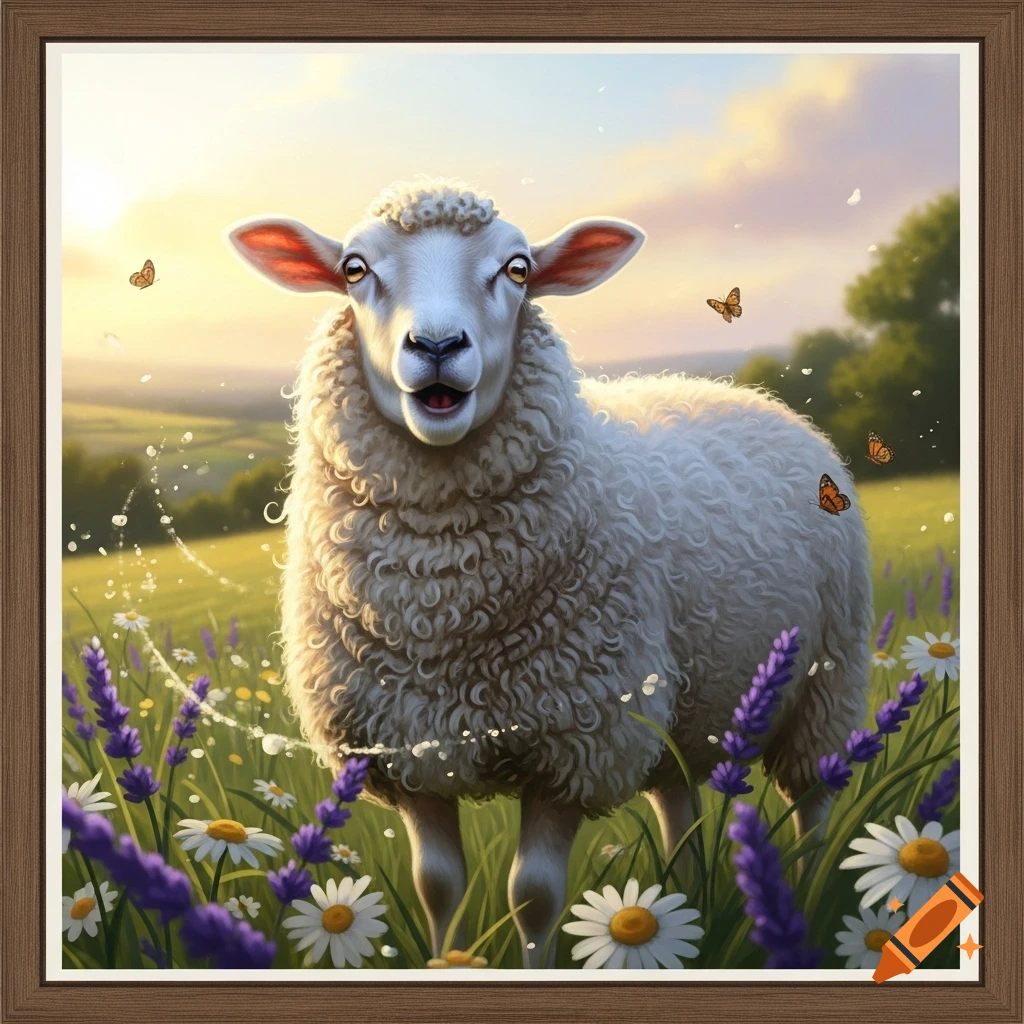 A fluffy white sheep with a surprised expression stands in a vibrant field of purple lavender and white daisies under a sunny sky with butterflies.