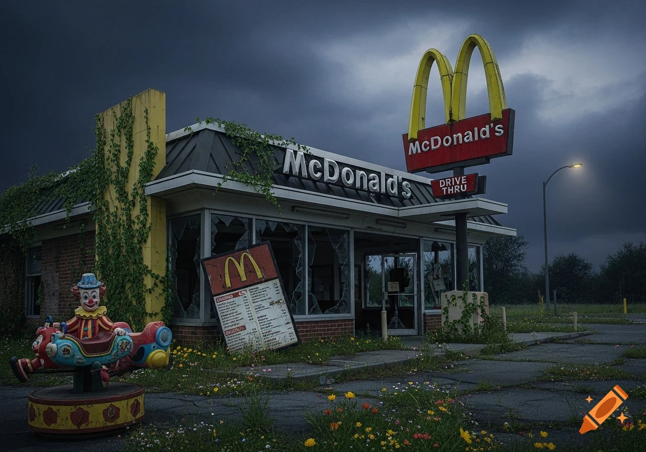 An abandoned McDonald's restaurant with broken windows, overgrown vines, a rusty sign, and a creepy clown ride under a dark sky.