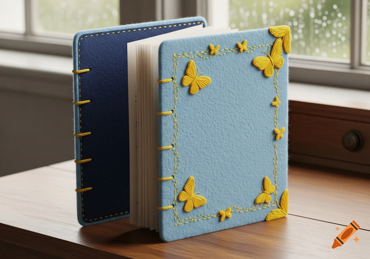 Two open decorative felt books on a wooden table; one is light blue with yellow butterfly stitching and the other is dark blue.