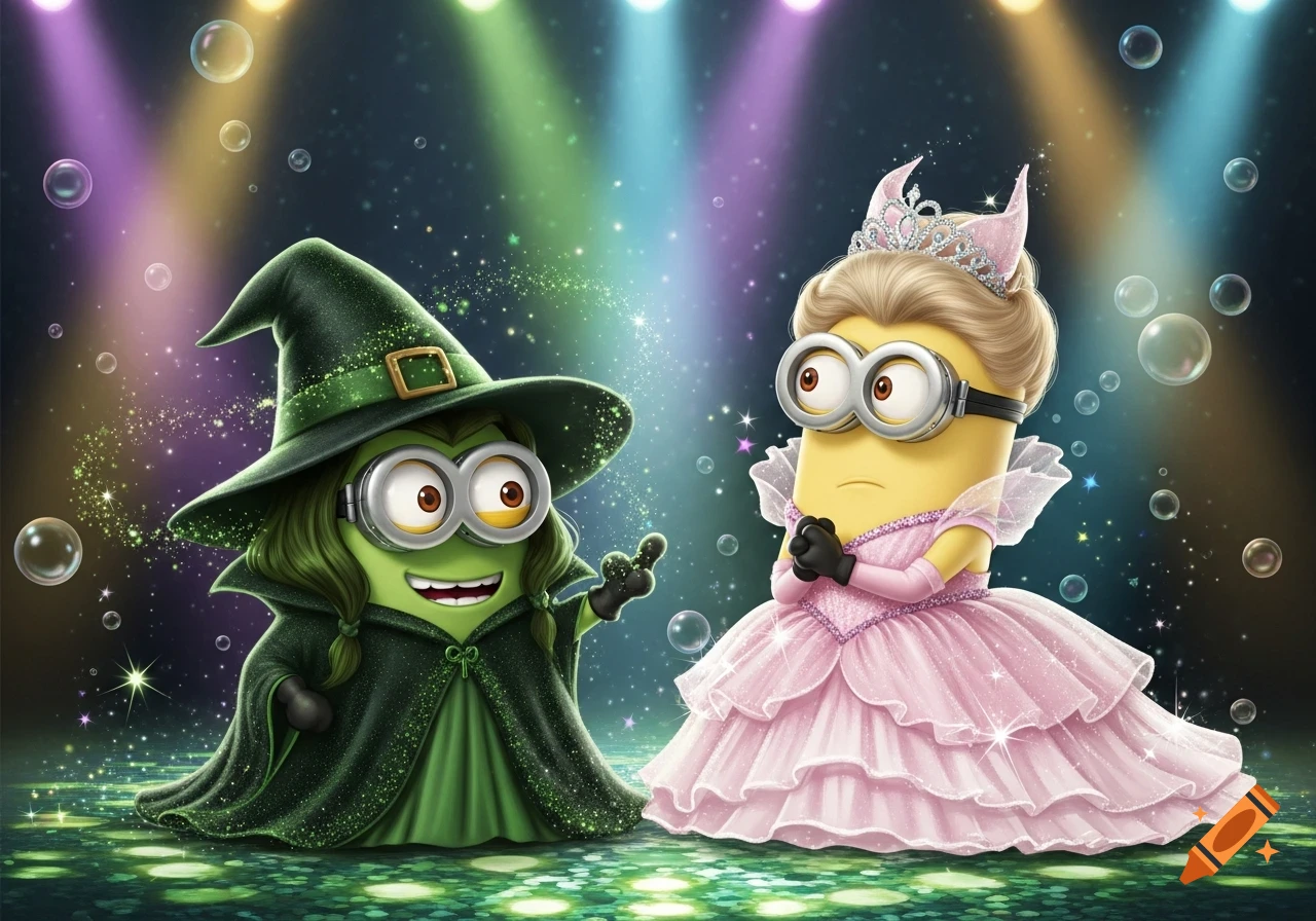 Two Minions, one dressed as a green witch and the other as a pink princess, stand under colorful spotlights with bubbles and magic sparkles.