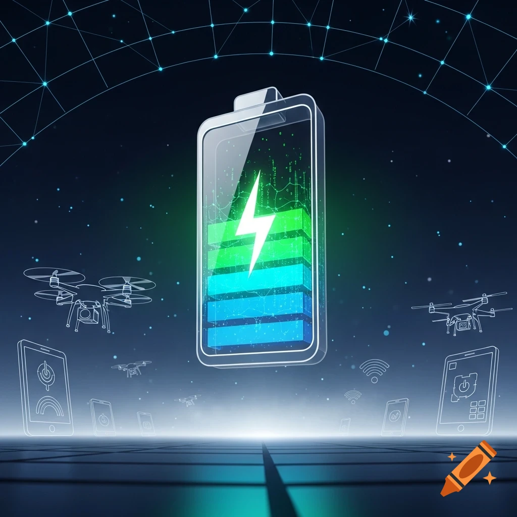 A glowing battery icon with green and blue charge levels, surrounded by wireframe drones and tablets against a dark, starry digital background.