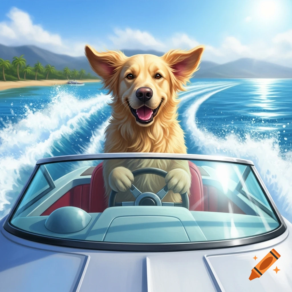 A happy golden retriever dog driving a white speedboat on bright blue water, with a sandy beach and palm trees in the background.