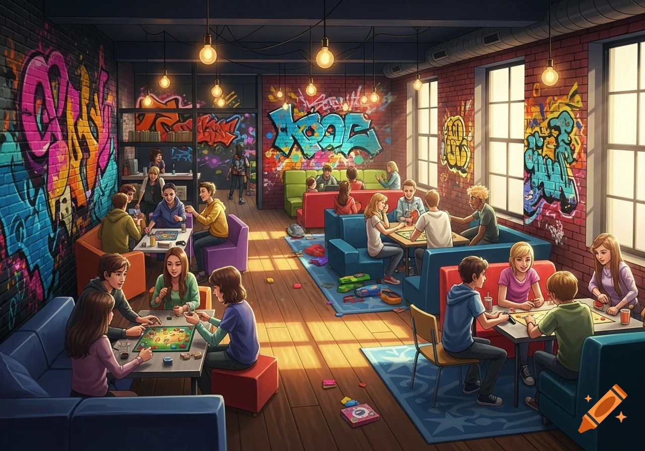 A vibrant cartoon illustration of a diverse group of young adults socializing and playing board games in a graffiti-covered youth club.