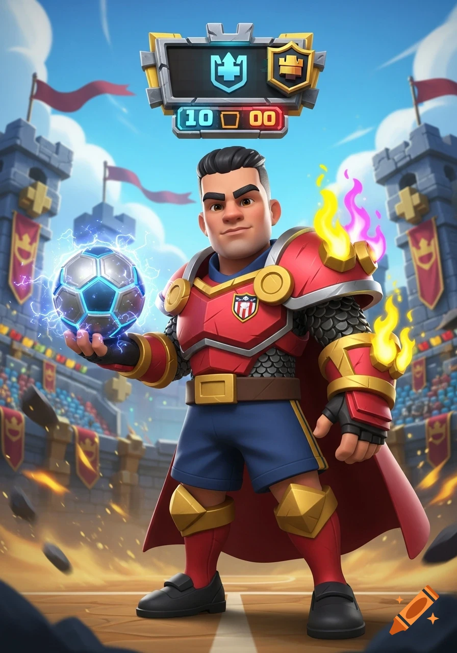 A cartoonish male character in red armor and blue shorts holds a glowing soccer ball in a castle stadium, in a game art style.