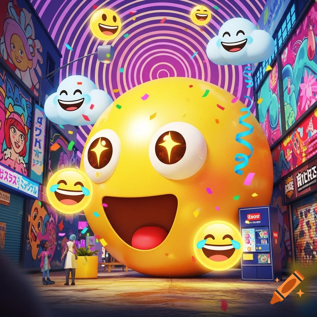 A giant happy emoji with star eyes in a vibrant, confetti-filled street with smaller emojis, smiling clouds, and colorful cartoon buildings.