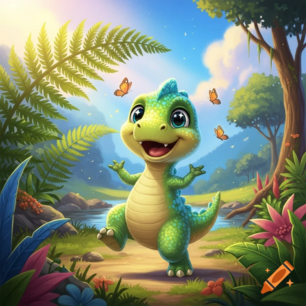 A happy, cute green cartoon dinosaur stands with arms raised in a lush, sunny jungle with butterflies flying around.