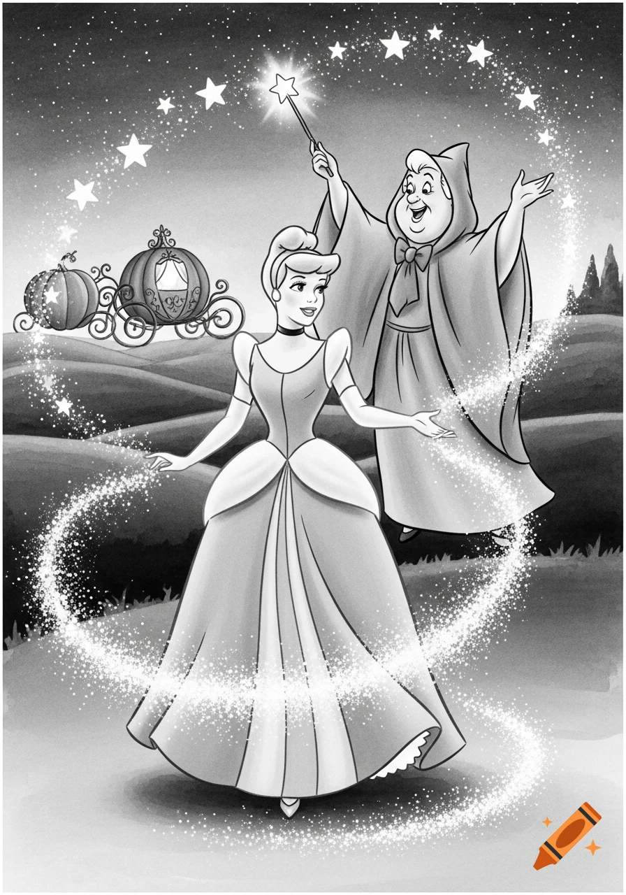 Black and white illustration of Cinderella and her Fairy Godmother surrounded by sparkling magic, with a pumpkin carriage in the background.