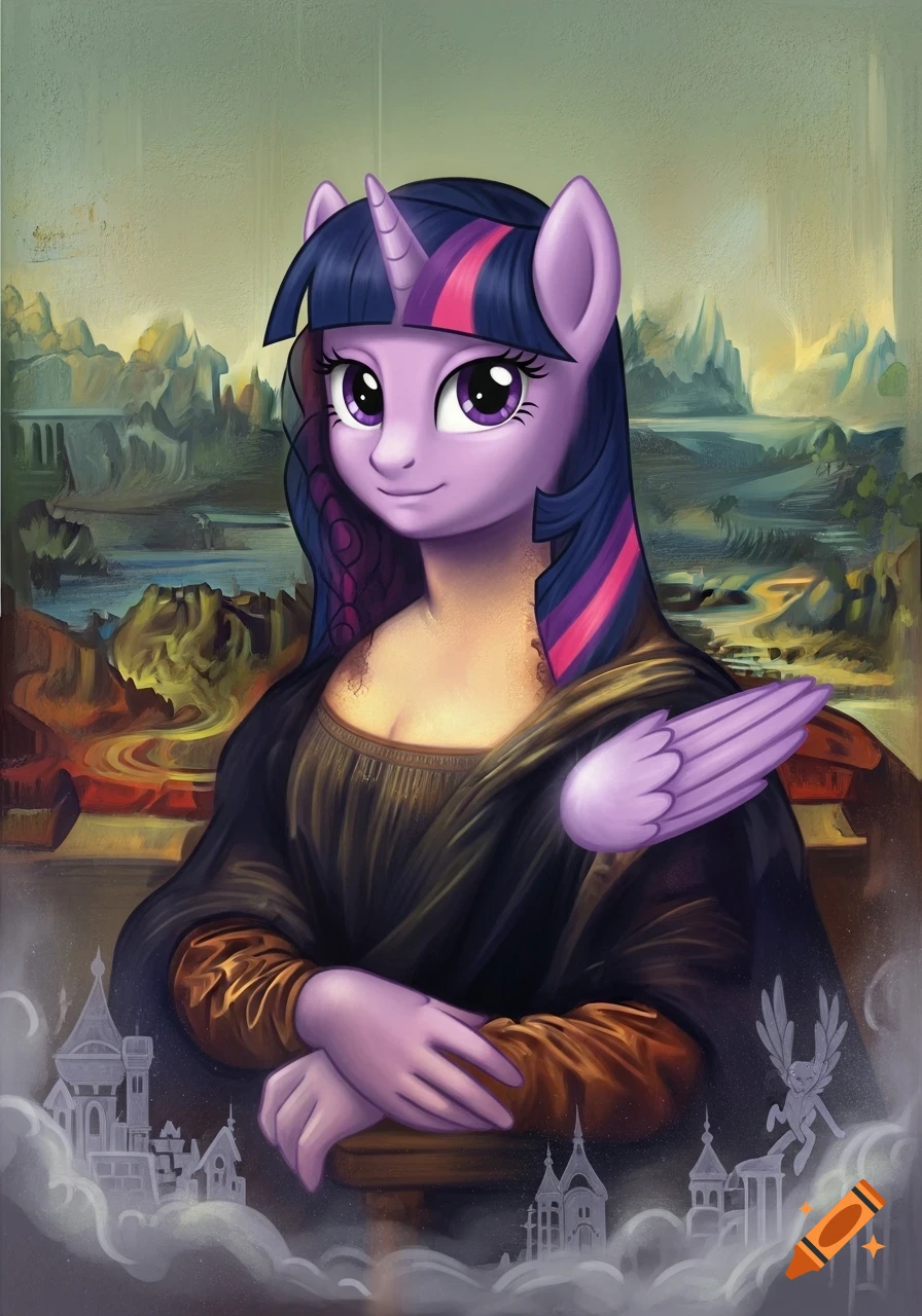 Painting of Twilight Sparkle as Mona Lisa, posing in a dark dress with a landscape background.