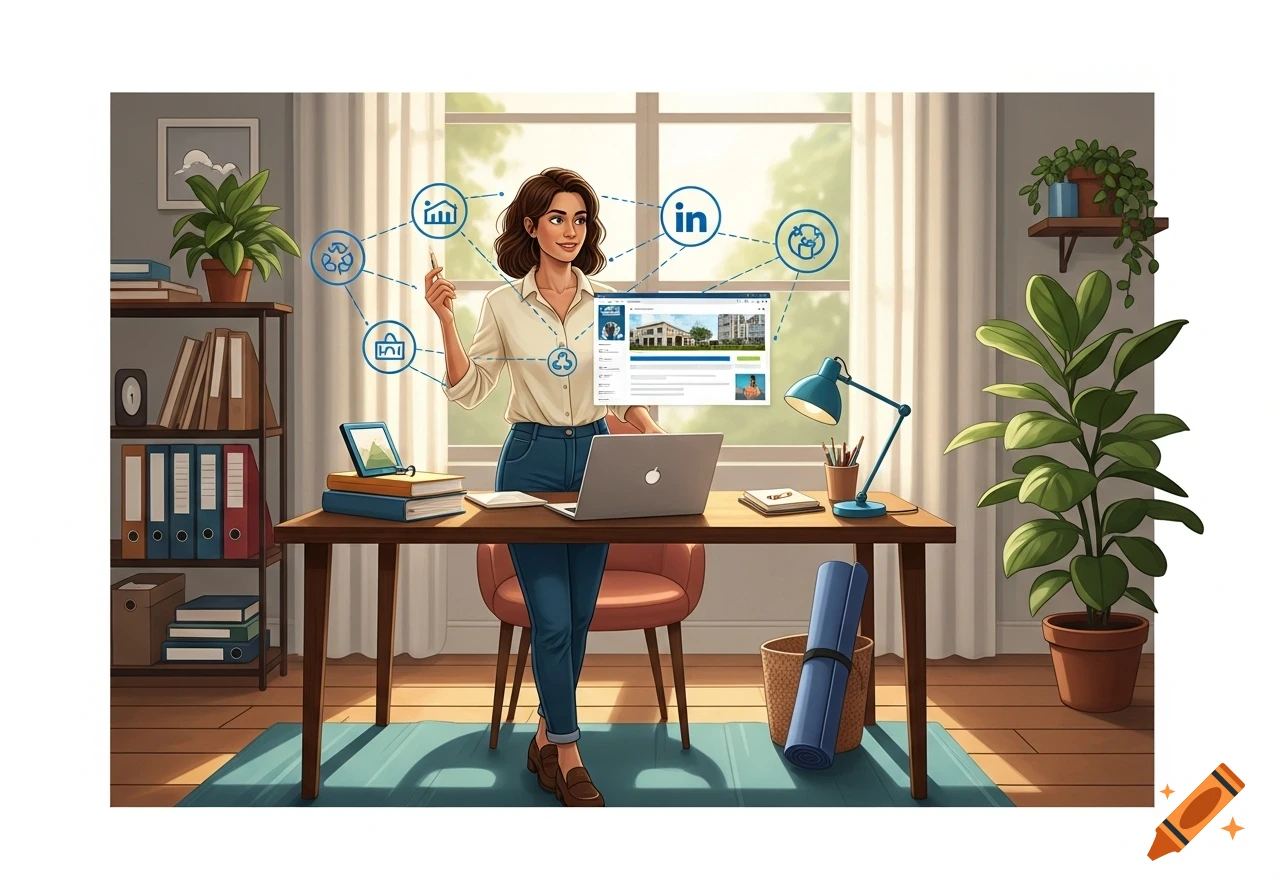A cartoon illustration of a woman standing at a desk with a laptop, interacting with a holographic display showing a LinkedIn profile and network icons in a home office.
