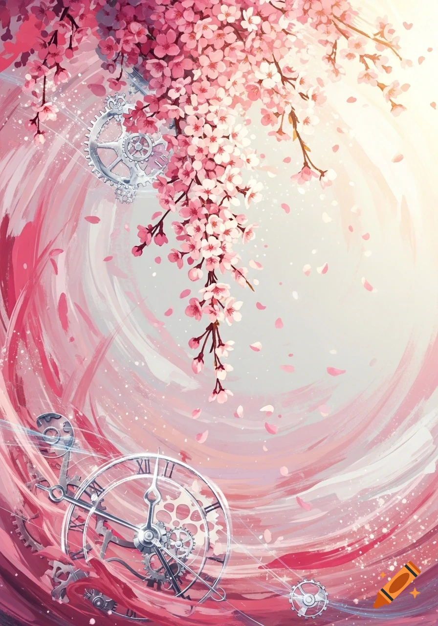 Abstract painting with pink cherry blossoms, gears, and a clock face on a swirling pink and white background.