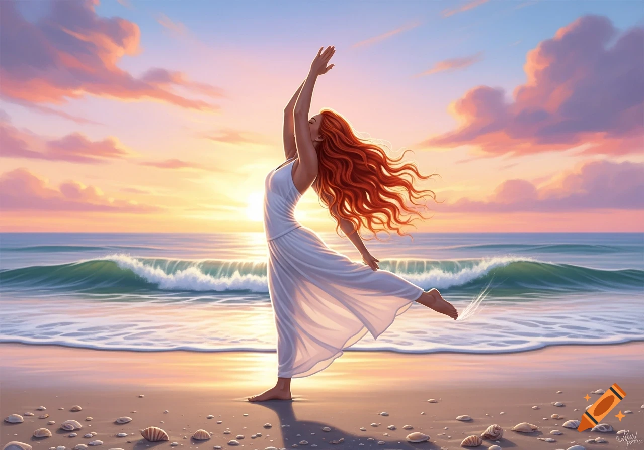 A red-haired woman in a white dress dances on a beach at sunset, with waves in the background, in an illustrated style.