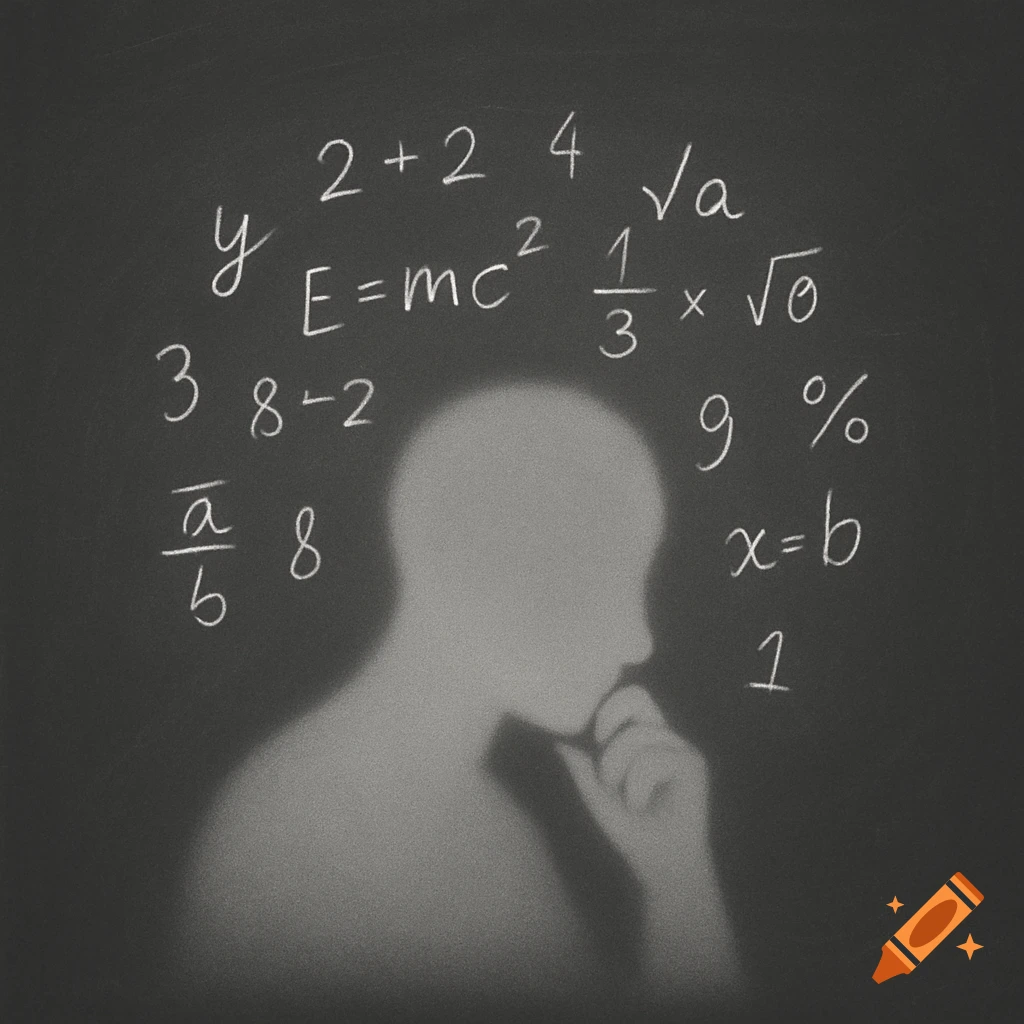 Minimal silhouette of a person's head filled with mathematical formulas and numbers on a dark chalkboard.