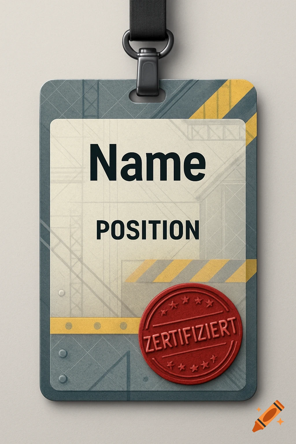 A close-up of a worker's grey ID badge for a construction site, featuring 'Name', 'POSITION' placeholders, and a red 'ZERTIFIZIERT' stamp.