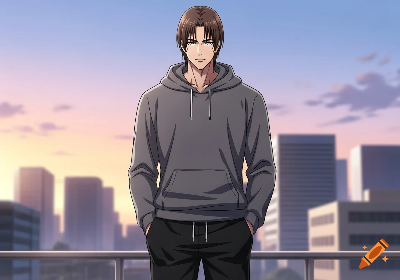 An anime guy with straight brown hair and gray eyes, wearing a gray hoodie and black sweatpants, stands on a balcony overlooking a city at sunset.