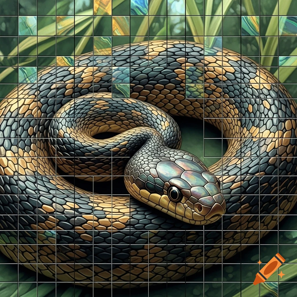 A coiled black and gold patterned snake with iridescent scales on its head, rendered in a glass tile mosaic style amidst green foliage.
