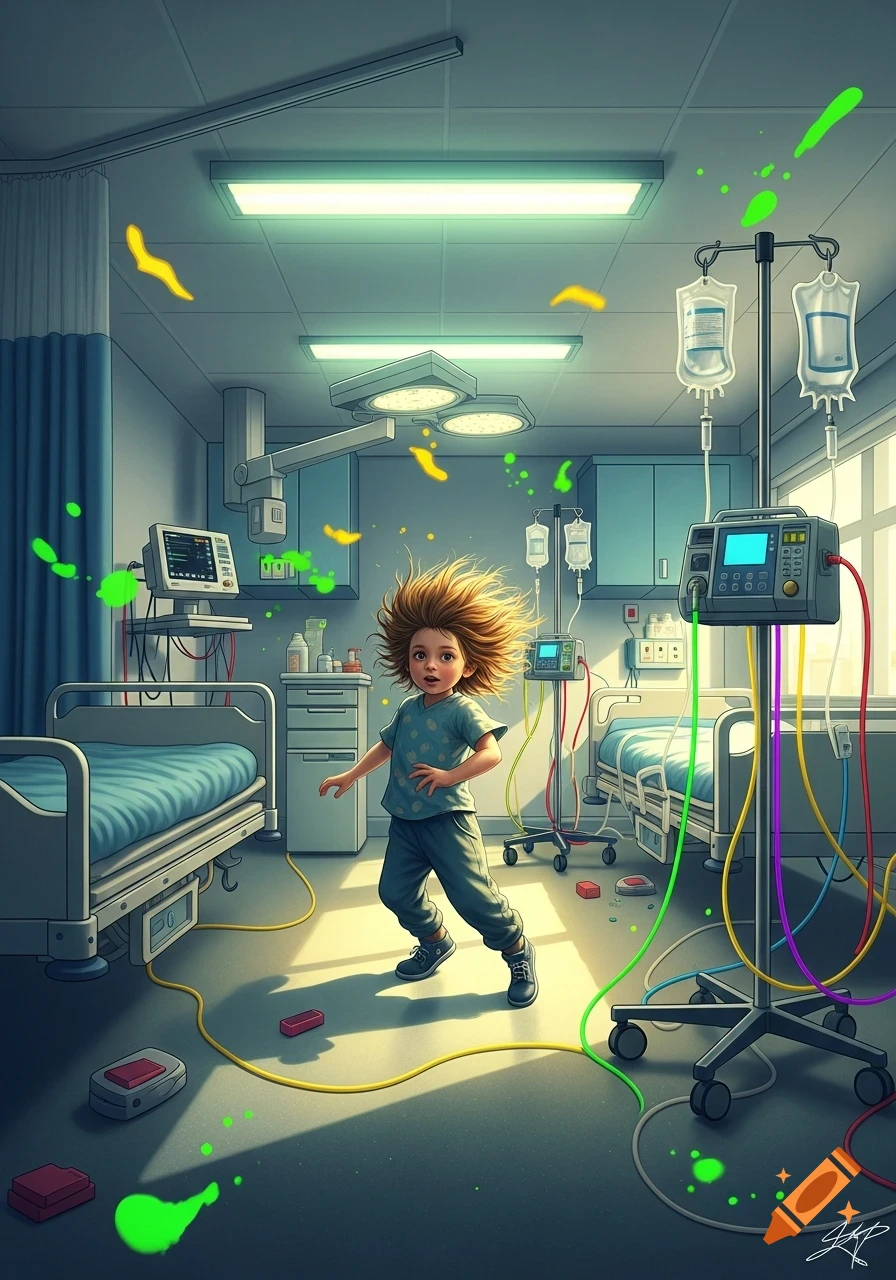 An illustration of a child with wild hair in a chaotic hospital room with medical equipment and colorful splatters.