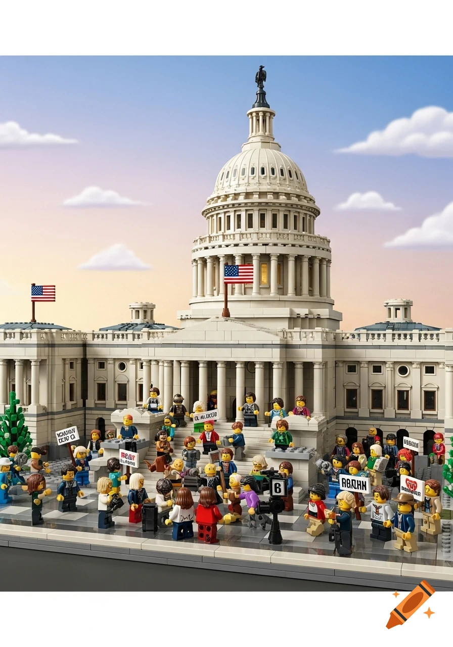 A detailed Lego model of the US Capitol building with many minifigures gathered in front, some holding signs, depicting a protest scene.