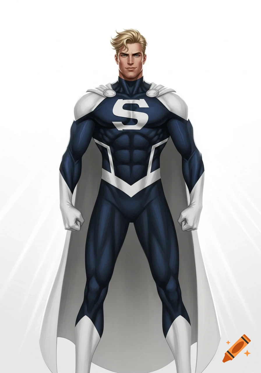 A blonde male superhero in a dark blue and white suit with a white 'S' on his chest and a white cape, standing against a white background.