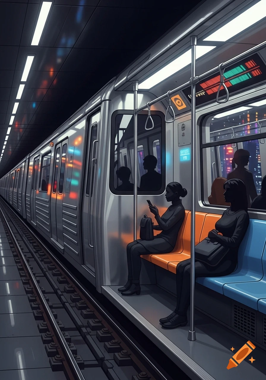 A stylized illustration of a subway train at a dark station with two silhouetted women sitting on orange and blue seats inside.