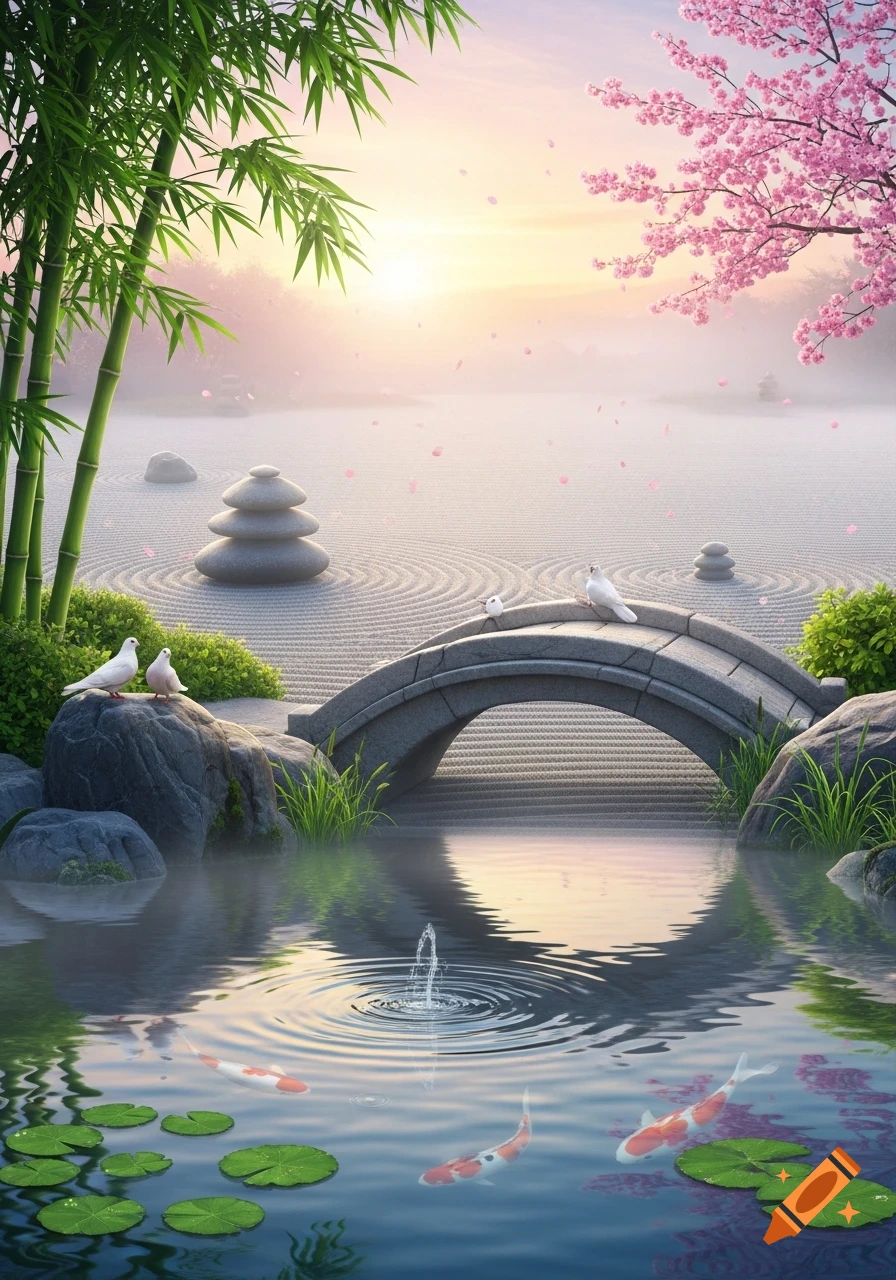 A serene Japanese zen garden at sunrise with a pond, koi fish, stone bridge, bamboo, cherry blossoms, and raked sand.
