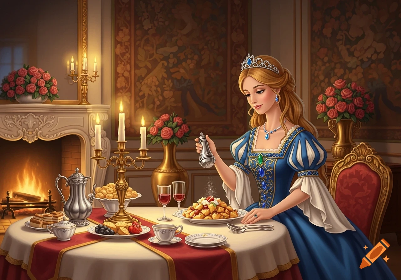A princess in a blue and white gown seasons a dish at a candlelit table with a fireplace in a grand room.
