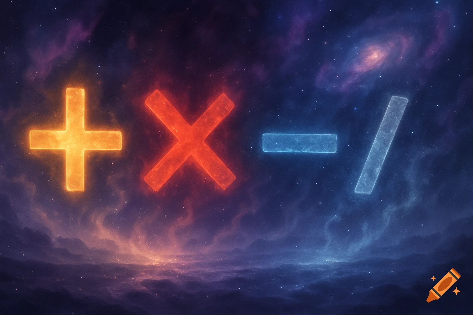 Glowing orange plus, red multiplication, blue minus, and light blue division symbols float in a cosmic nebula and starry sky.