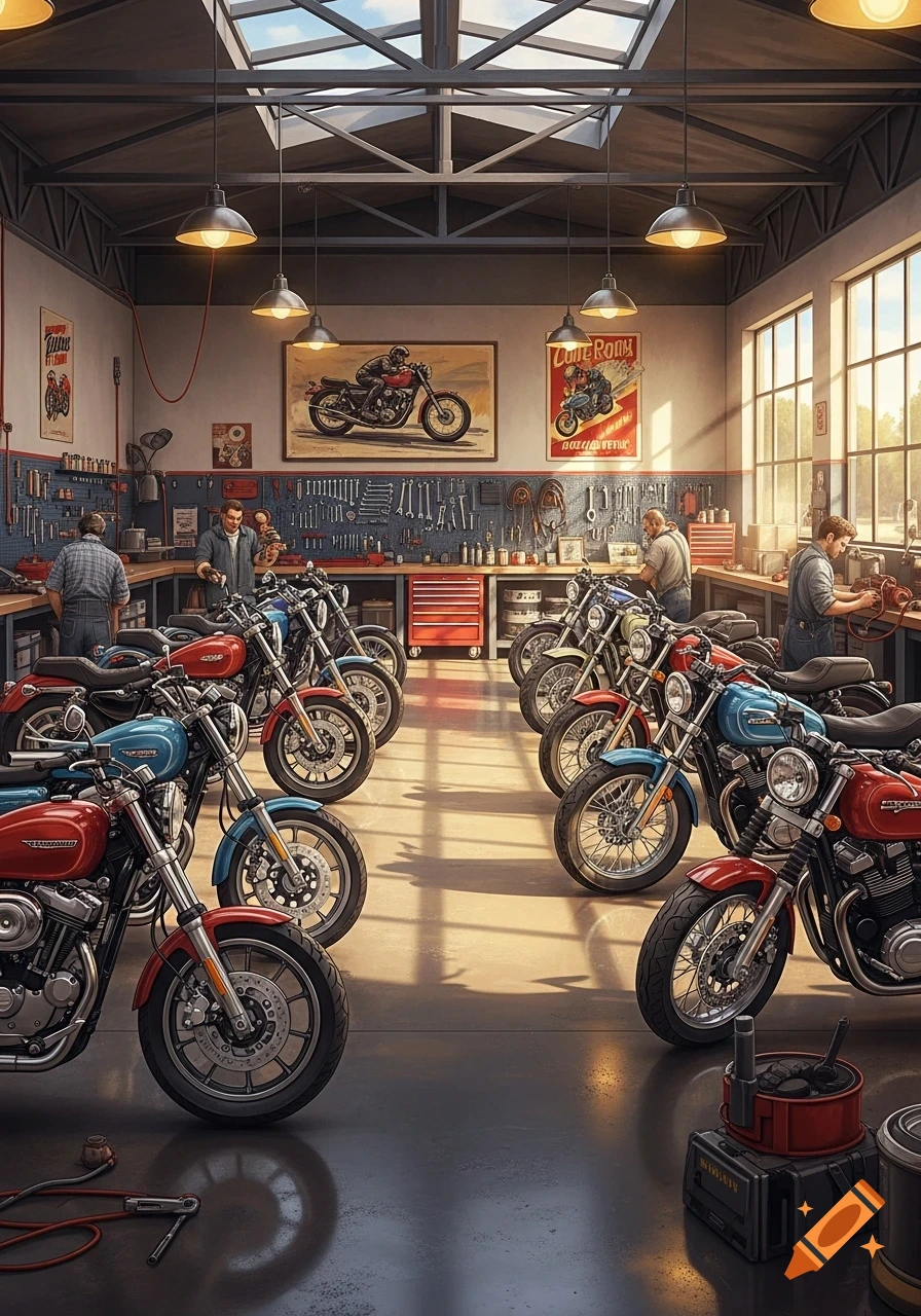 A busy motorcycle repair shop with several motorcycles lined up, mechanics working at benches, and tools on the wall.