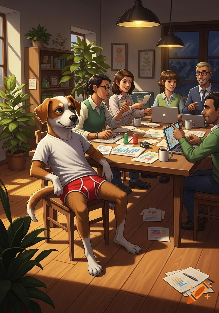 A stylized illustration of an anthropomorphic dog wearing a white t-shirt and red underwear, sitting at a table with human colleagues during a meeting.