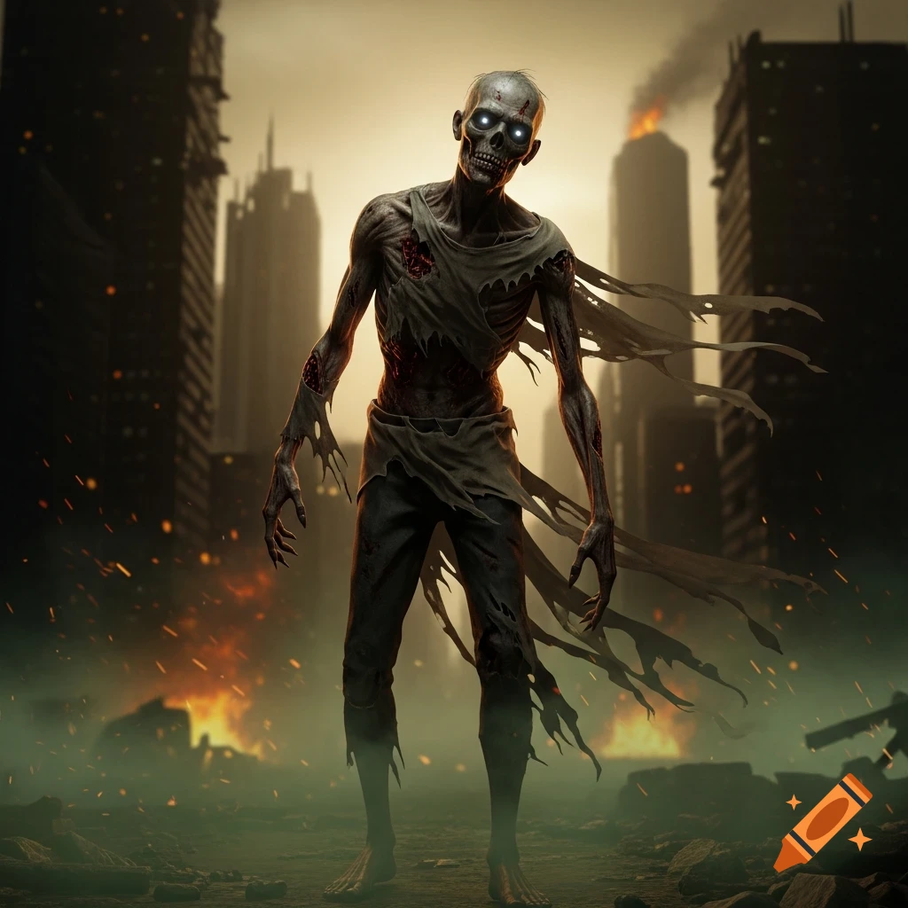 A skeletal zombie with glowing eyes and tattered clothes stands in a burning, post-apocalyptic city with destroyed buildings.