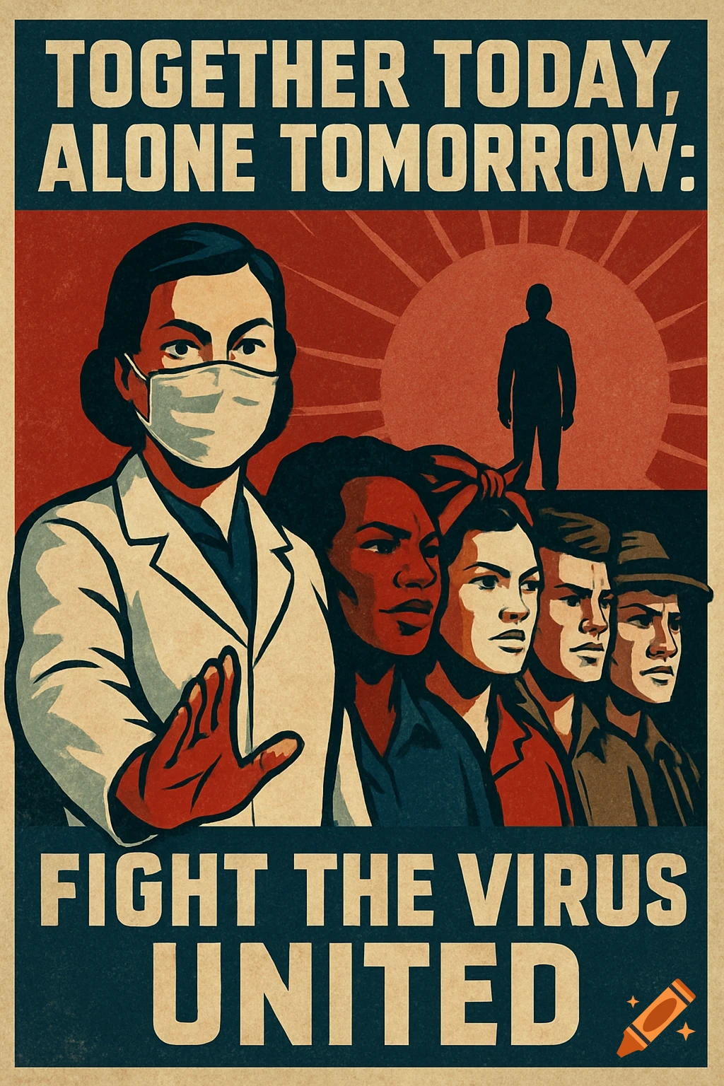 A vintage propaganda poster shows a masked healthcare worker with a raised hand and diverse people behind, with text 'TOGETHER TODAY, ALONE TOMORROW: FIGHT THE VIRUS UNITED'.