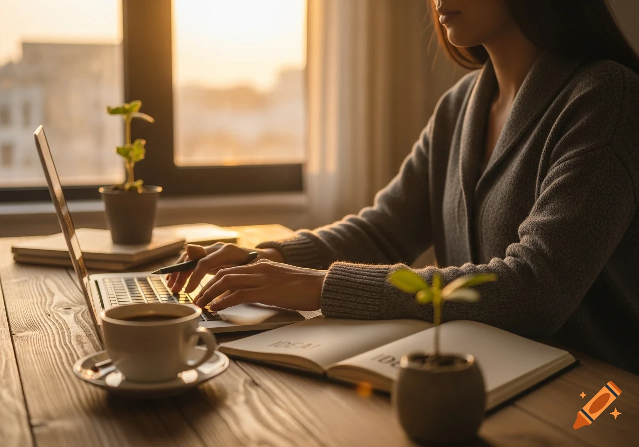 A woman works on a laptop at a wooden desk with a coffee and plant, bathed in warm sunset light from a window.