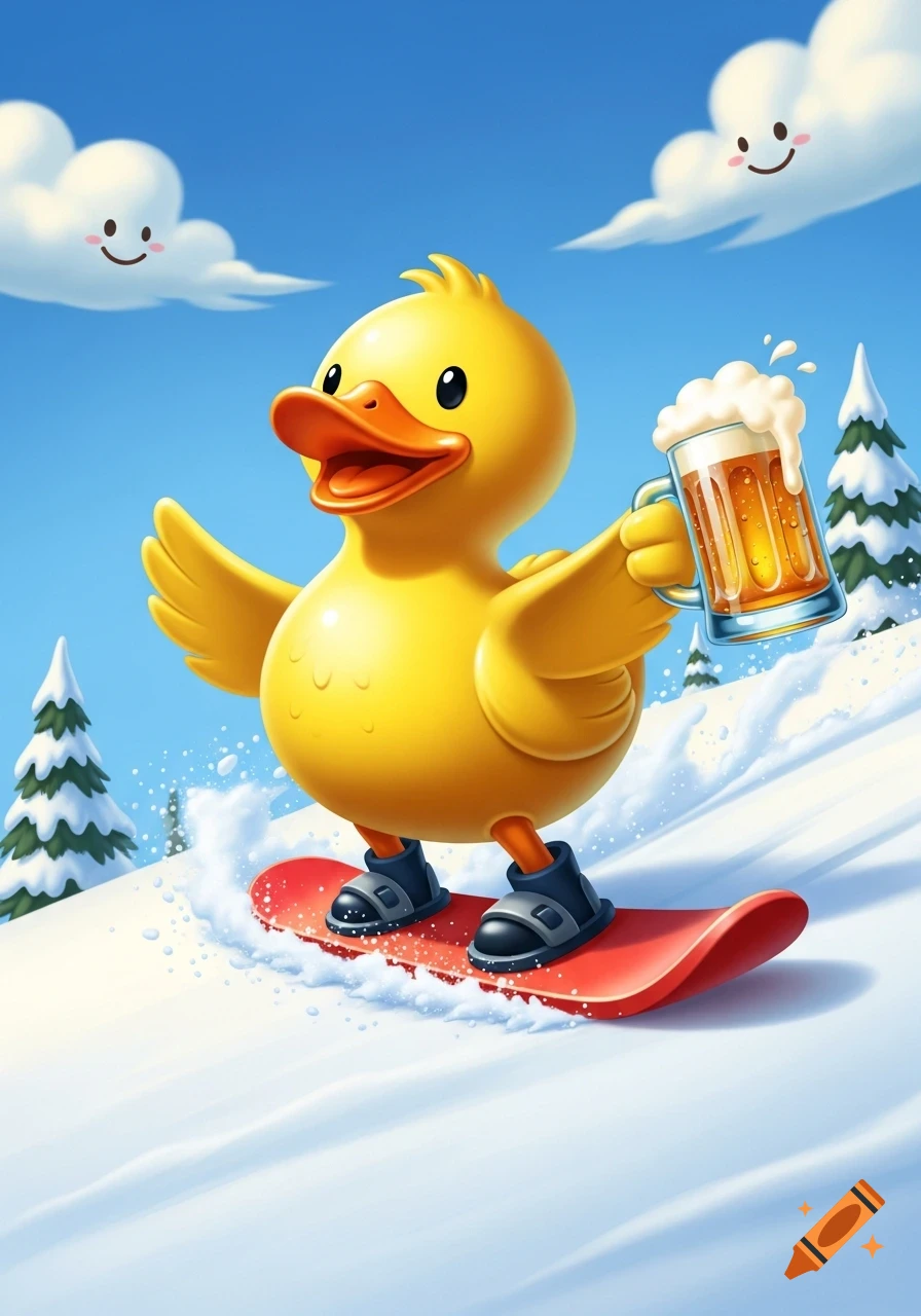 A cartoon rubber duck snowboarding down a snowy mountain, holding a mug of beer, under a blue sky with smiling clouds.