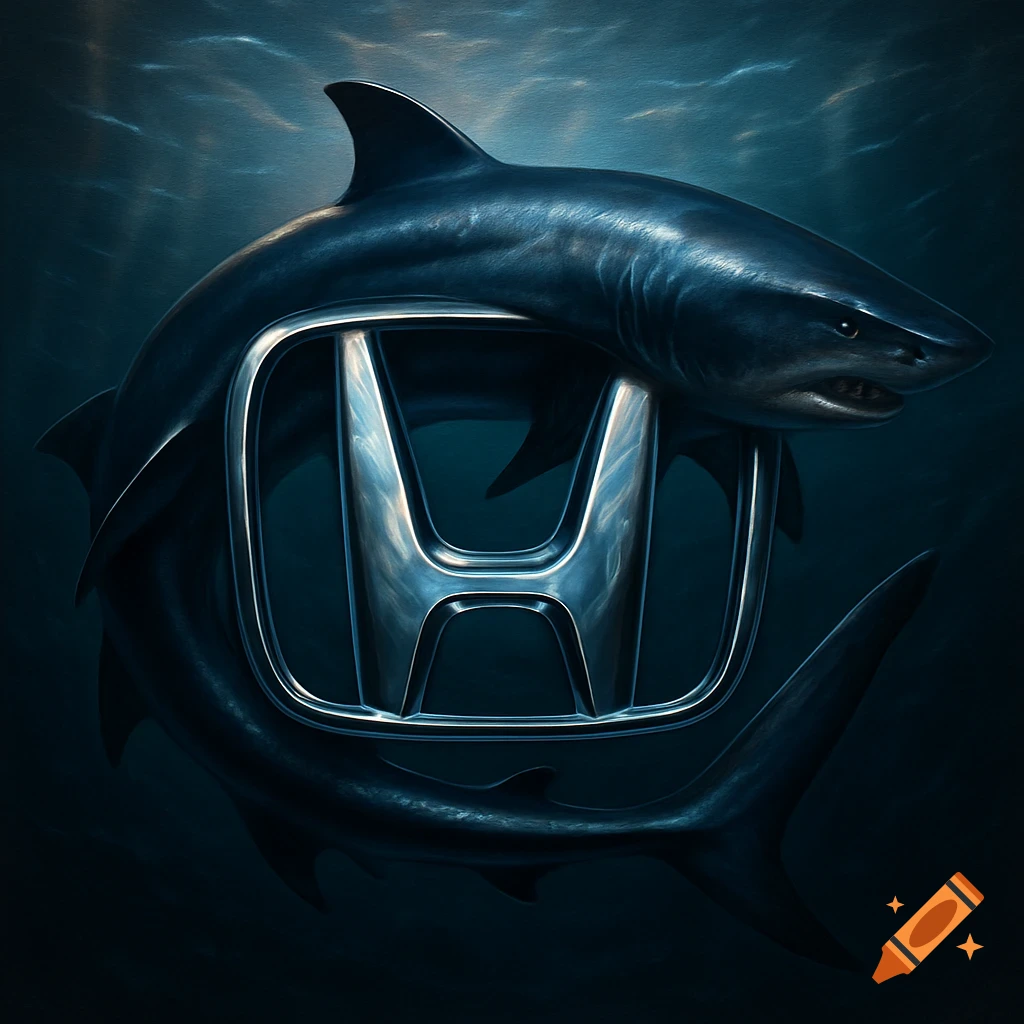 A dark blue shark is wrapped around a metallic silver Honda 'H' emblem, underwater with light rays, in a digital art style.