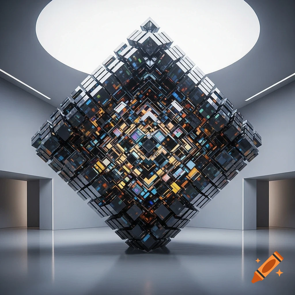 A large, floating cube composed of many smaller reflective, dark and colorful cubes, in a minimalist modern room.