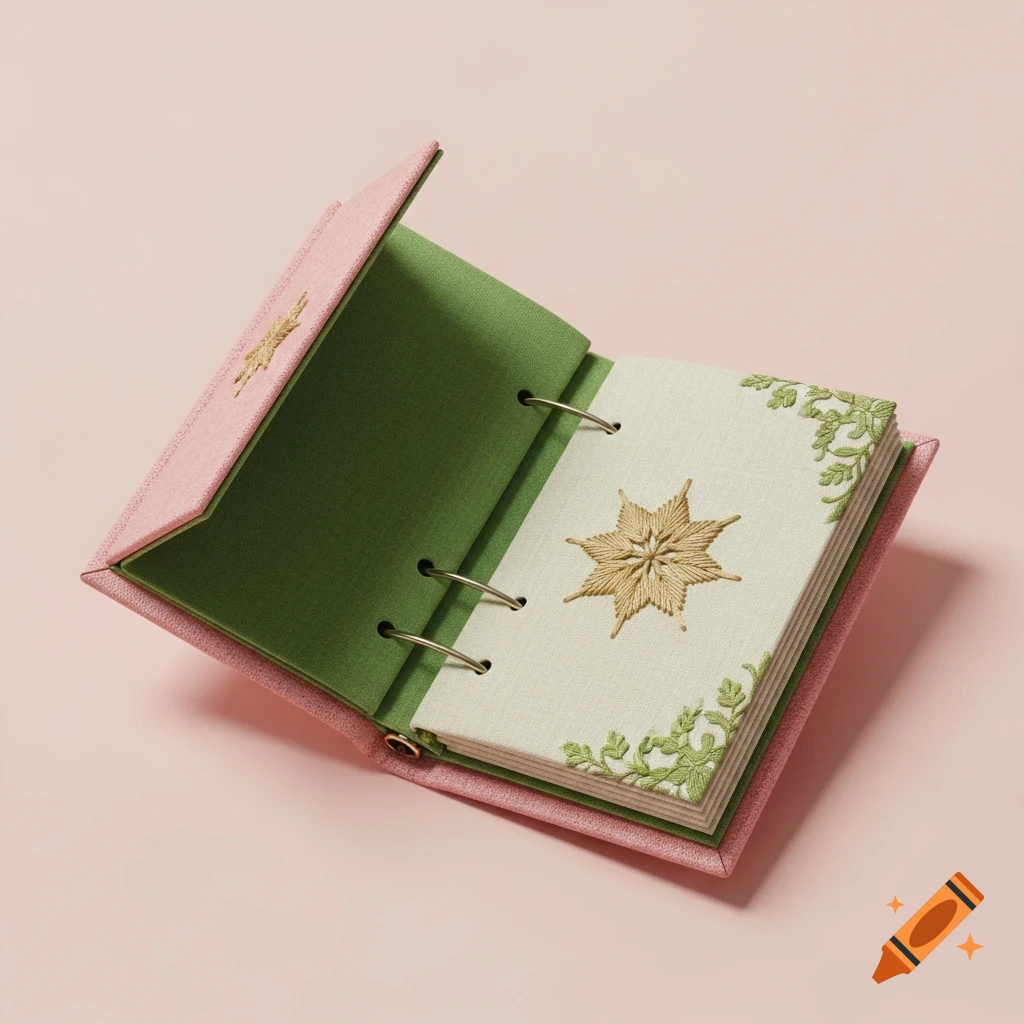 An open pink needle book with green lining and embroidered pages, featuring a gold star and green leaves, on a light pink background.